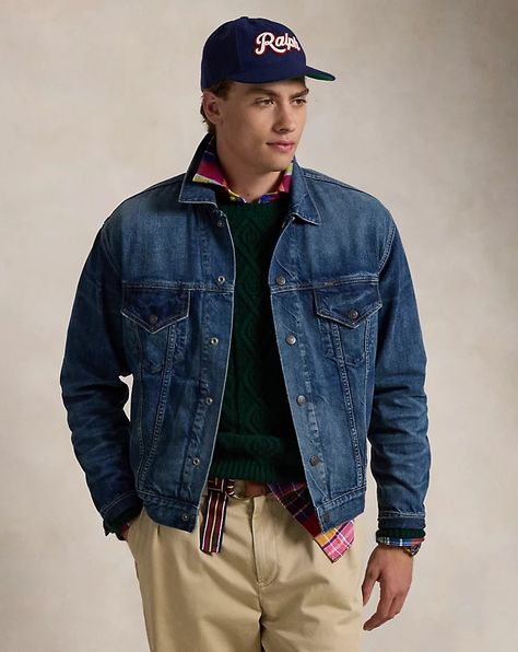 Discover the Relaxed Denim Trucker Jacket for men from Ralph Lauren today. Explore our latest collection today. Denim Jacket Men Outfit, Sweatpants And Sweater, Denim Jacket Outfit, Denim Jacket Fashion, Denim Trucker Jacket, Mens Fashion Casual Outfits, Ralph Lauren Purple Label, Denim Jacket Men, Polo Style