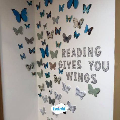 Create your own version of this beautiful display wall with Twinkl's 'Reading Gives You Wings' printable resources! Sign up to Twinkl to discover over 500,000 teaching resources.   #reading #readinggivesyouwings #classroom #classroomdisplay #classroomideas #bulletinboard #butterfly #inspirational #motivational #teachersofinstagram #teaching #teacher #teachersfollowteachers #twinkl #twinklresources Reading Wall Display Classroom, Butterfly Reading Corner, Classroom Themes Butterfly, Classroom Butterfly Decor, Reading Gives You Wings, Reading Gives You Wings Bulletin Board, Butterfly Classroom Decorations, Dragonfly Classroom Theme, Reading Wall Classroom