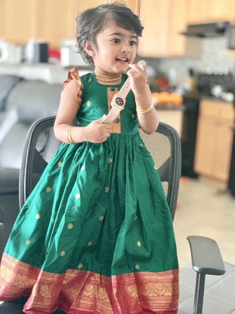 Baby/ toddler in green and maroon pattu frock Kids Pattu Frock Designs, Pattu Long Frocks For Kids, Baby Pattu Frocks Designs, Pattu Frocks For Kids, Baby Long Frock, Long Frocks For Kids, Pattu Pavada, Baby Frock Design, Pattu Langa