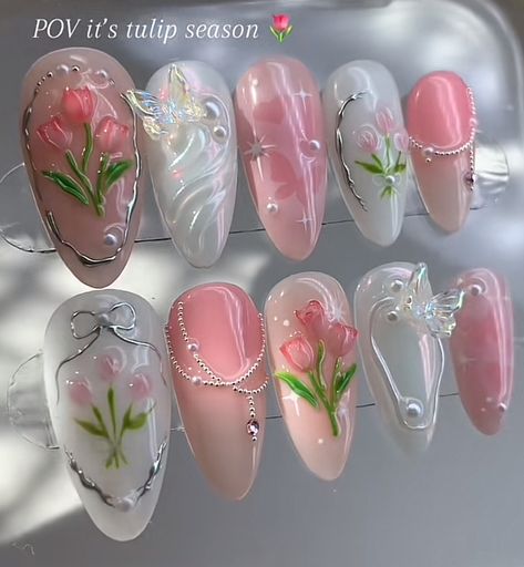 Tulip Nails, Nails Butterfly, Holo Nails, Fake Nails Designs, Art Deco Nails, Girly Acrylic Nails, Pretty Gel Nails, Really Cute Nails, Kawaii Nails