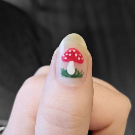 Tried a more detailed design with this mushroom. Should I try and do a full hand in this design? #nail #nails #nailart #naildesign #nailpolish #nailsoftheday #nailsofinstagram #mushroomnails #fyp #fy #fypシ Woodland Nail Art, Mushroom Nail Art Designs, Woodland Nails, Mushrooms Nails, Mushroom Nail Art, Mushroom Nails, Nail Idea, Design Nail, Detailed Design