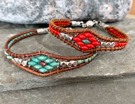 "Handmade, pretty South Western beaded leather single wrap bracelet, for man or woman. Looks great with jeans or a summer dress. Easy on magnetic clasp. This bracelet is made to measure, so please allow 4-7 days for me to make it for you. Wrap a piece of string around your wrist, measure string & add on 1/2\". That is your finished length. Please enter it in the comment box. If you would like different colors, please message me. Please note this listing is for one bracelet only. The last pho Wrap Bracelet Ideas, Bracelet For Man, Beaded Leather Bracelet, Red Bracelet, Beautiful Bracelets, Magnetic Jewelry, Swarovski Crystal Necklace, Mother Of Pearl Necklace, Beaded Wrap Bracelets