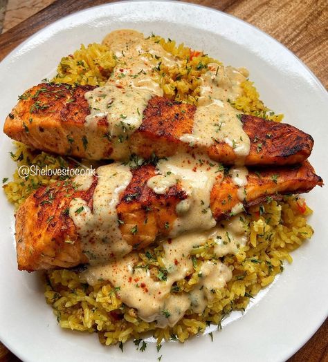 Salmon With Cream Sauce Over Rice, Meals That Last A Few Days Dinners, Creamy Cajun Salmon, Salmon Over Rice, Cajun Dinner Recipes, Salmon And Rice Dinner, Rice Meals Dinners, Salmon Rice, Salmon Meals