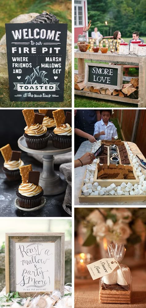 S’mores Table For Wedding, S’mores Bars Wedding, Rustic Smores Bar Wedding, S’mores Wedding Gift, Smores Backyard Party, S’mores For Wedding Reception, Camping Wedding Reception Ideas, Smores Bar Wedding Reception, Smore Wedding Bar