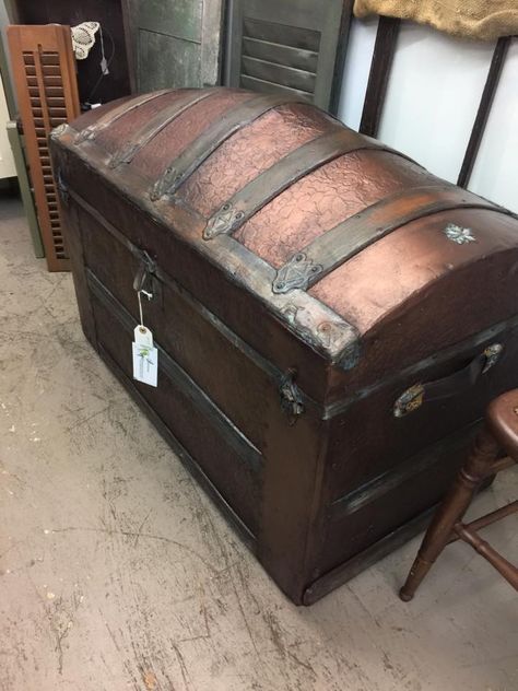 s 30 stunning ways to use metallic paint no experience necessary, Breathe Life Into An Old Trunk With Luster Antique Trunk Restoration, Rustoleum Metallic, Trunk Makeover, Antique Steamer Trunk, Metal Trunks, Painted Trunk, Rose Gold Painting, Old Trunks, Metal Pumpkins