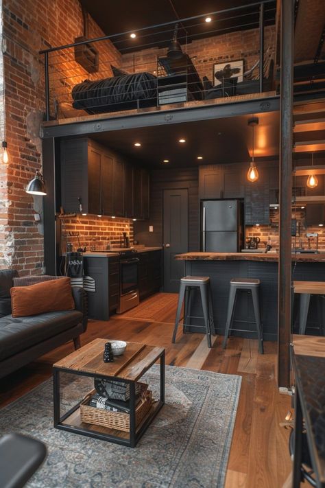 Edge Industrial Style Game Room, Industrial Wood Interior Design, Small Industrial Apartment, Industrial Style Apartment, Cozy Industrial Decor, Living Room Designs Loft, Industrial Cabin, Loft Estilo Industrial, Modern Cabin Interior