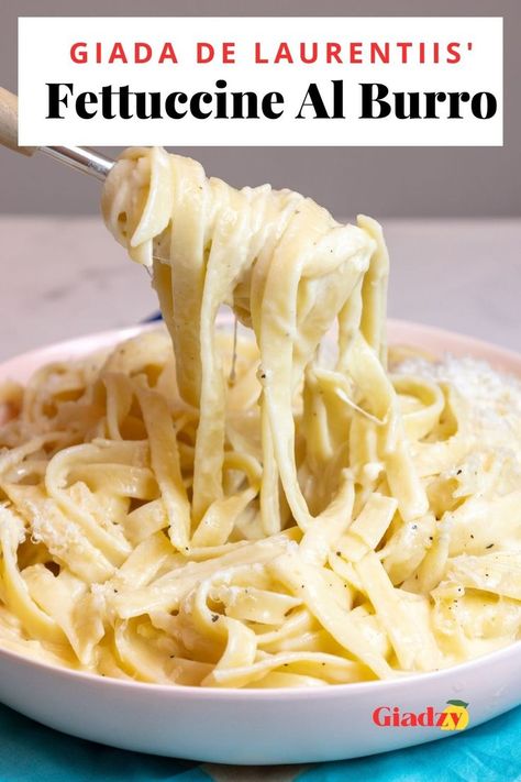 White bowl with fettuccini alfredo pasta served in a white bowl being dipped out with a decorative fork on a turquoise place mat for styling purposes. Giada De Laurentiis Recipes, Giada Recipes, Delicious Food Recipes, Most Delicious Food, Pasta Recipes Alfredo, Fettuccine Pasta, American Recipes, Alfredo Recipe, Fettuccine Alfredo