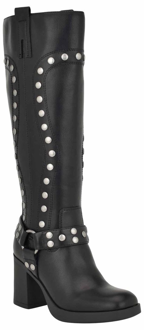 PRICES MAY VARY. Step out in style with the Nine West Cert casual boot. This boot features a modern square toe, high block heel and studs all along the boot. This boot is anything but boring! Founded in 1978, Nine West empowers women to take on the world in style, from day to night. Square Toe Zip Closure Imported 2.91" Heel Height Women's Motorcycle Boots, Fashion Shoes Flats, Womens Combat Boots, Boot Print, Slouched Boots, Motorcycle Women, Modern Square, Motorcycle Boots, Tall Boots