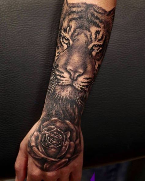 Tiger Rose Tattoo Men, Tiger Rose Tattoo, Tiger Tattoo Meaning, Mens Tiger Tattoo, White Tiger Tattoo, Rose Tattoo Ideas, Forearm Tattoo Design, Eagle Tattoo, Rose Tattoo Design