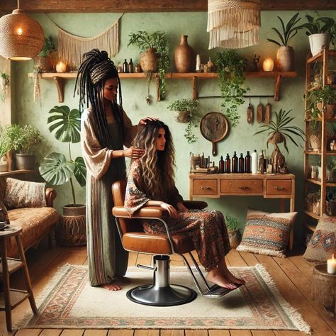 Relax in a Bohemian Home Salon while you get your hair done Earth Tone Salon Suite, Shed Hair Salon Ideas, Funky Hair Salon, Tiny Hair Salon, Mini Salon Ideas Small Spaces, Earthy Salon, Fairy Baddie, Boho Salon Suite, Tiny Salon Ideas