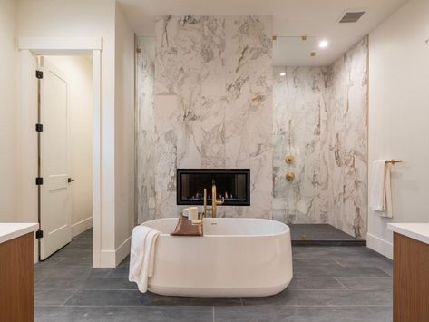 Fireplace In Bathroom, Taking Out A Wall, Classic Craftsman Home, Alison Victoria, Rock The Block, House Flippers, Linear Fireplace, Bathroom Decorations, Renovation Budget