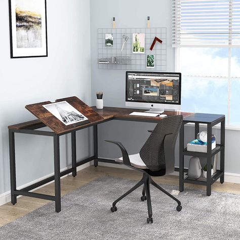 AmazonSmile: Tribesigns L Shaped Desk with Storage Shelves, 59 inch Large Corner Computer Office Desk Workstation, Drafting Table Drawing Desk with Tiltable Tabletop for Home Office, (Rustic Brown) : Home & Kitchen L Shaped Desk With Storage, Drawing Desk, Diy Rangement, Home Office Table, Corner Computer Desk, Desk With Storage, Drawing Table, Work Station Desk, L Shaped Desk