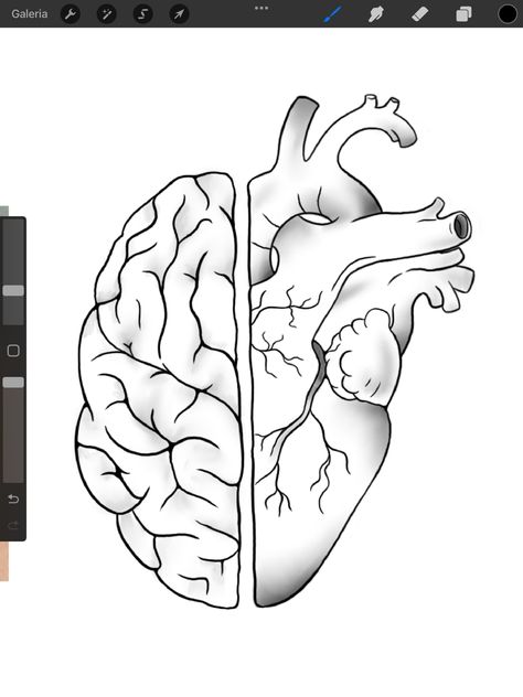 Half Heart Half Brain Drawing, Doctor Sketch Medical, Half Heart Drawing, Heart And Brain Drawing, How To Draw A Brain, Half Heart Half Brain Tattoo, Brain And Heart Drawing, Heart Cartoon Drawing, Brain Drawing Simple