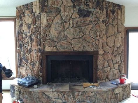 Before drybrushing. Lava Rock Fireplace Makeover, Rock Wall Fireplace, Painted Stone Fireplace Makeover, Lava Rock Wall, Painted Rock Fireplaces, Lava Rock Fireplace, Painted Stone Fireplace, Knotty Pine Paneling, Stone Fireplace Makeover