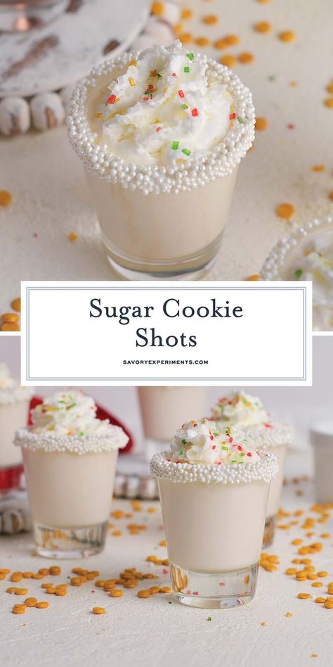 Christmas Treats For Adults, Dessert Shots Recipes Alcohol, Christmas Cookie Pudding Shots, Sugar Cookie Alcoholic Drink, Sugar Cookie Mocktails, Sugar Cookie Drink Alcohol, Sugar Cookie Drink Recipe, Ice Cream Shots Alcohol, Christmas Party Shots Holiday Drinks