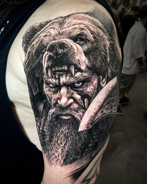 Got 3rd 🥉 place realism on Saturday at the Valencia tattoo convention this weekend. Huge thanks to Chris for holding up two days in a row of tattooing to get this bad ass berserker Viking warrior. Thanks to @spain_tattoo_conventions for putting on such a great event, I’ll be back next year. #viking #vikingtattoo #berserkertattoo #berserker #realismtattoo #blackandgreytattoo #tattooconvention #3rd Viking Warrior Tattoo Men, Viking Berserker Art, Berserker Tattoo Vikings, Viking Berserker Tattoo, Viking Bear Tattoo, Barbarian Tattoo, Viking Helmet Tattoo, Berserker Tattoo, Spain Tattoo