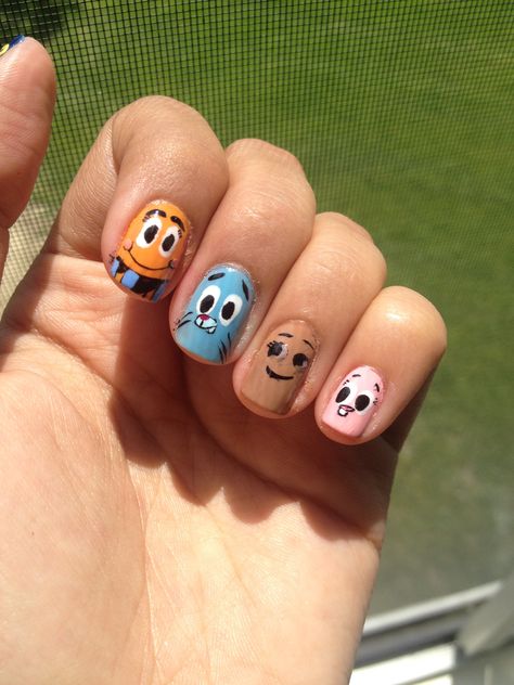 The Amazing World of Gumball nails :) Darwin, Gumball, Penny, and Anais Darwin Gumball, Gumball Watterson, Mens Nails, Amazing World Of Gumball, Cute Disney Drawings, Goth Nails, Nail Pictures, Pretty Nail Art Designs, Kawaii Nails