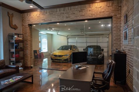 Loft With Car Inside, Brick Garage Interior, Sleeping With The Enemy, Waiting Room Design, Brick Room, Garage Design Interior, Contemporary Home Interior, Building A Garage, Casa Loft