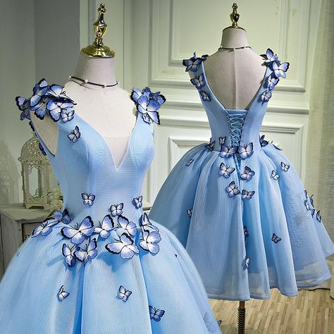 Light Blue Butterflies Fairy Fancy Dress V Neck Short Ball Gown Dress – SpreePicky Blue Butterfly Dress, Prom Dresses Short Blue, Ballet Stage, Fairy Fancy Dress, Cute Cocktail Dresses, Gowns Couture, Stage Dance, Quinceanera Ideas, Cute Homecoming Dresses