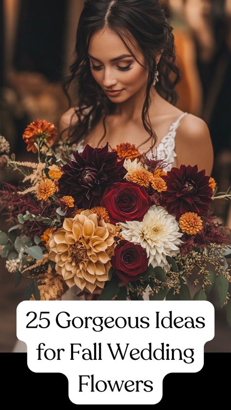 A stunning bride carrying beautiful fall wedding flowers in rich autumn colors, featuring a mix of bold centerpieces and delicate bouquets, perfect for an unforgettable fall wedding celebration. Fall Themed Bridal Bouquet, Elegant Fall Wedding Bouquets, Terracotta Wedding Bouquet Real Flowers, Bride Fall Bouquet, Fall Color Roses, Fall Wedding Florals Centerpiece Ideas, Autumn Bouquets Wedding, Classic Fall Wedding Flowers, Fall Wedding Reception Flowers