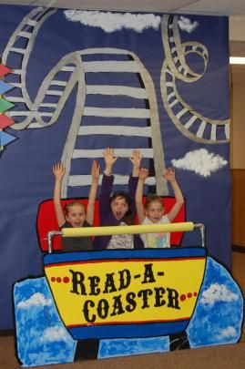 Amazing roller coaster backdrop idea! This was a book fair or library event... but you could easily substitute the text with birthday child's name & the date, or your event name. Rollercoaster Bulletin Board, Adventure Bulletin Board Ideas, Carnival Classroom, Family Literacy Night, Family Literacy, Library Bulletin Boards, School Carnival, Carnival Theme, Hollywood Party