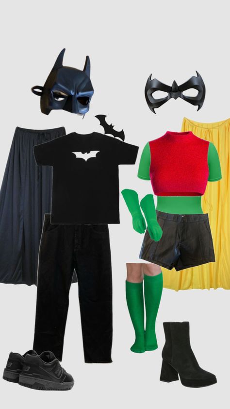 Batman and Robin couple costume ideas #costume #halloween #couplecostume #duo #friendcostumeidea #creative Robin Halloween Costume, Batman And Robin Costumes, Couple Costume Ideas, Robin Outfit, Fun Halloween Outfits, Cosplay Couple, Robin Costume, Friend Costumes, Batman Costumes