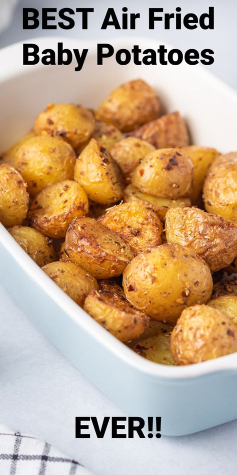 A casserole dish full of cooked air fryer potatoes on  a grey counter top. Crispy Baby Potatoes, Slower Cooker, Air Fry Potatoes, Actifry Recipes, Air Fryer Recipes Dessert, New Air Fryer Recipes, Air Fryer Recipes Snacks, Air Fryer Cooking Times, Mini Potatoes