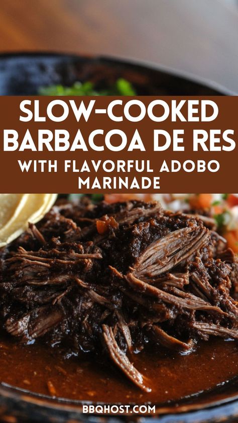 Experience the rich flavors of authentic Mexican food with this barbacoa de res recipe! Tender beef slow-cooked in a flavorful adobo marinade creates the perfect dish for tacos or bowls. Serve it with your favorite Mexican sides for a meal everyone will love. Save this now and click through for the full recipe! Beef Cheeks Recipe Barbacoa, Mexican Beef Recipes Authentic, Authentic Barbacoa, Mexican Barbacoa Recipe, Barbacoa Beef Tacos, Mexican Barbacoa, Barbacoa Crock Pot, Adobo Marinade, Mexican Sides