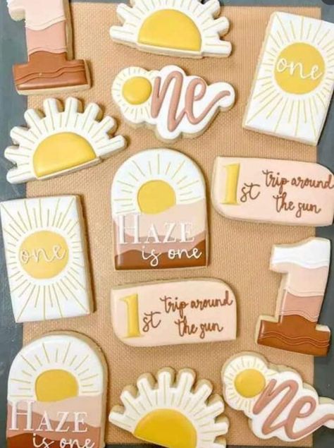 Boho First Trip Around The Sun Cookies, One In The Sun Cookies, Sunshine Birthday Cookies, First Trip Around The Sun Birthday Cookies, Sunshine Baby Shower Cookies, First Trip Around The Sun Cookies, Sun Themed Food, Sunshine Theme Birthday Party, 1 Year Birthday Party Ideas