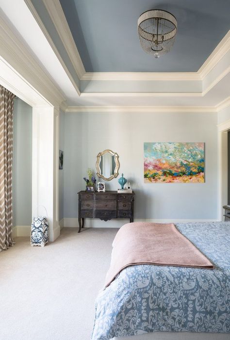 Trey Ceiling Ideas Bedroom, Cove Ceiling Ideas, Coffered Ceiling Bedroom, Ceiling Paint Ideas, Tray Ceiling Bedroom, Tray Ceiling Ideas, Cove Ceiling, Trey Ceiling, Coved Ceiling