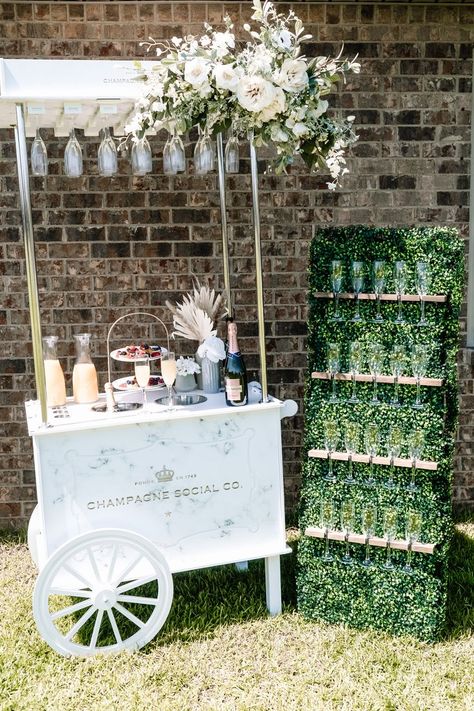 Cart Rental Ideas, Prosecco Cart Ideas, Champagne Station Party Ideas, Beverage Cart Wedding, Bar Rental Ideas, Bridal Shower Rentals, Champagne Cart Mimosa Bar, Drink Cart Party, Cocktail Party Backdrop