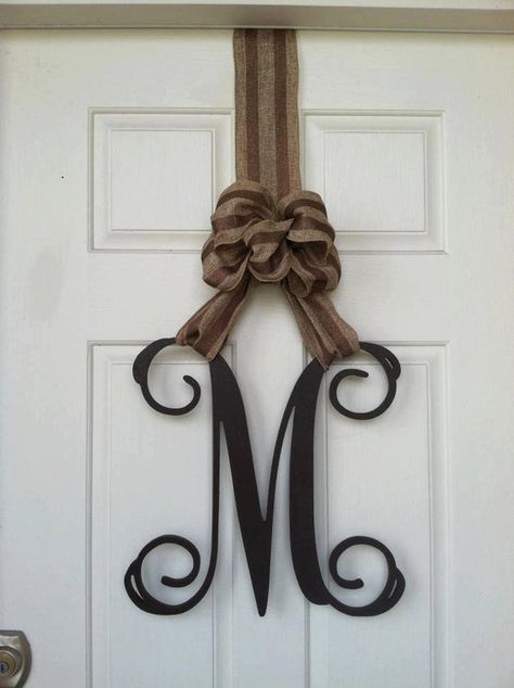 Home Letters With Wreath, Monogram Door Wreath, Wooden Monogram Letters, Letter Door Hangers, Initial Door Hanger, Wood Initials, Fabric Decoupage, Wooden Initials, Monogram Door Hanger