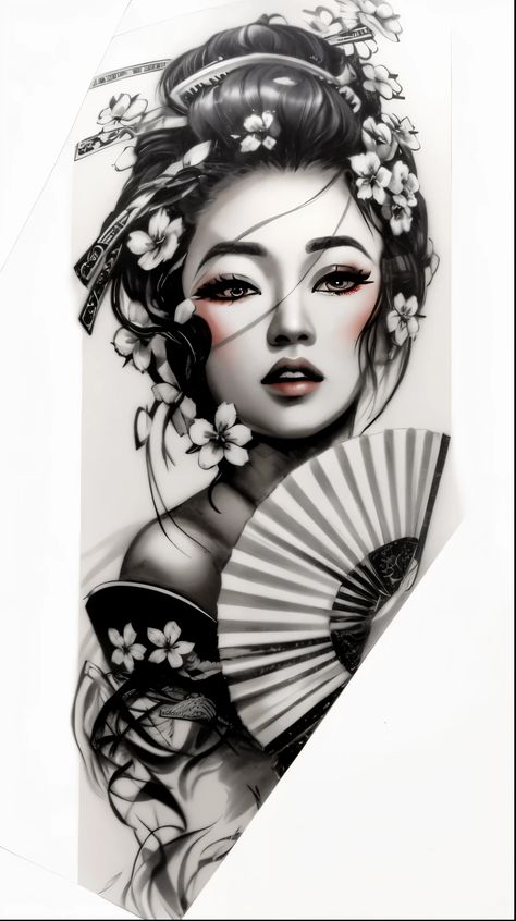 Full Sleeve Tattoo Japanese Style, Japanese Warrior Woman Tattoo, Asian Tattoos For Women Sleeve, Asian Lady Tattoo, Geisha Face Tattoo, Japanese Geisha Tattoo Traditional, Japanese Face Tattoo, Japanese Tattoo Art Geisha, Geisha Tattoo Design Ideas