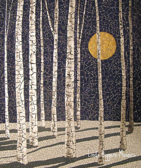 This is another version of Winter Birches.  9"x11" eggshell mosaic, by Linda Biggers Eggshell Mosaic, Tree Mosaic, Egg Shell Art, Shell Mosaic, Mosaic Stained, Landscape Quilts, Mosaic Artwork, Mosaic Garden, Mosaic Projects