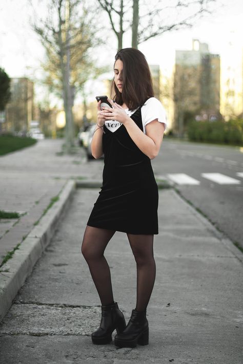 Fashion Blogger Outfit Black Velvet Dress Dresslily White Shirt Boots Black Velvet Dress Outfit Winter, Black Velvet Dress Outfit, Velvet Shirt Outfit, Dress With Tshirt, Velvet Dress Outfit, Dress With Shirt Underneath, Dress With Black Boots, Velvet Dresses Outfit, Shirt Boots