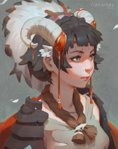 Ram by GUWEIZ on DeviantArt Horns Reference, Fantasy Horns, Anime Study, Arte 8 Bits, Color Study, Female Fighter, Dnd Art, Arte Sketchbook, Color Studies