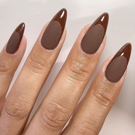 Black Half Matte Nails, Brown Nails White Tips, Brown Almond Nails, Md Nails, Matte Almond Nails, Brown French Tip, Matte Stiletto Nails, Nail Simple, Tip Nail Designs