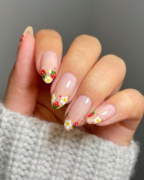 40 Best French Tip Nail Designs to Inspire You Cuticle Flower Nails, Rosette Nails, Fruit Themed Nails, Dainty Flower Nails, Cottage Nails, Wild Flower Nails, Strawberry Nails Designs, Mushroom Nail Designs, European Nails