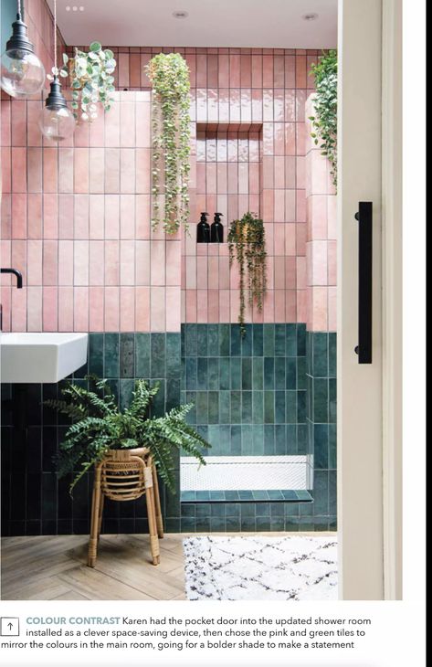 Pink And Green Ensuite, Pink Tile Shower Bathroom, Sage And Pink Bathroom, Pink And Teal Bathroom, Decor Vases Ideas, Green Pink Bathroom, Home Decor Paintings Canvas, Home Decor With Color, Small Mirror Wall Decor Ideas