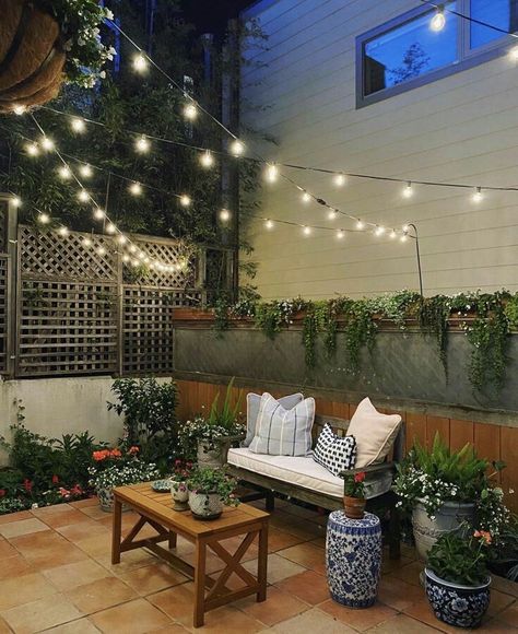 Patio lighting design | house exterior garden lights Patio Overhang Ideas, Festoon Lighting Garden, Lighting Landscape, Landscape Garden Design, Diy Backyard Patio, Patio Pavers Design, Lights Decor, Small Courtyard Gardens, Outdoor Fairy Lights