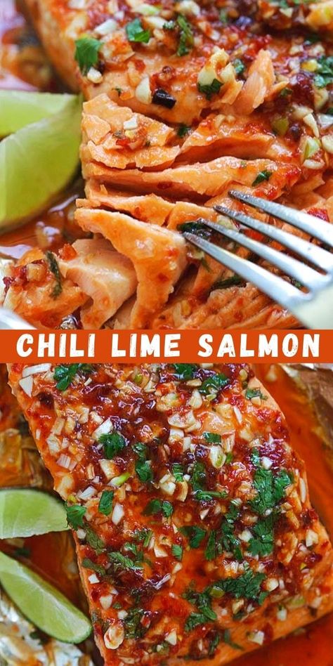 Chili Lime Salmon - moist, tender and delicious foil-wrapped salmon marinated with chili-garlic sauce and lime juice. Easy weeknight recipe that takes 30 mins. Chili Salmon Recipe, Salmon Marinade Recipes, Lime Salmon Recipes, Chili Lime Salmon, Salmon Recipes Baked Healthy, Fish Dinner Recipes, Lime Salmon, Marinated Salmon, Easy Salmon Recipes