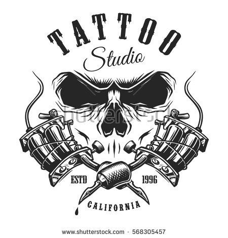 Tattoo studio emblem with tattoo machines and skull. Monochrome line work. Isolated on white background. layered Tattoo Studio, White, Black