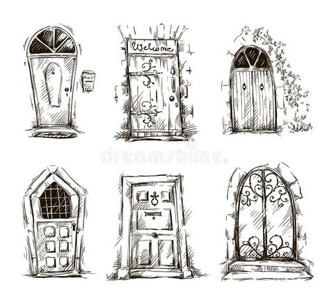 Cartoon Objects, Doodles Cartoon, Door Drawing, Building Drawing, Vintage Doors, Architecture Drawing Art, Doors And Windows, Lukisan Cat Air, Vintage Door