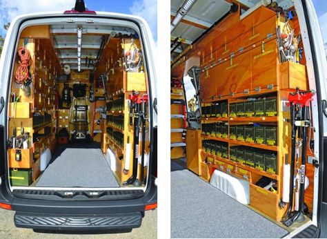 Contractor Van/Truck Parts Storage "DIY" example // Ranshaw Plumbing & Heating in Whitestone, New York // handcrafted wooden storage systems for five Ranshaw service vehicles which take him between 185 and 220 hours to build and cost about $2,500 for materials Plumbing Truck Set Up, Plumbing Fittings Storage, Plumbing Warehouse Organization, Plumbing Truck Organization, Plumbing Van Organization, Plumbing Organization, Service Truck Organization, Work Truck Organization, Warehouse Organization