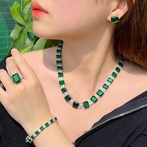 Silver Prom Jewelry, Prom Jewelry Sets, Green Princess, Diamond Necklace Set, Prom Jewelry, Bridesmaid Jewelry Sets, Cubic Zirconia Jewelry, Bracelet Ring, Fashion Jewelry Sets