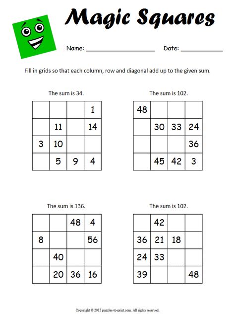 This worksheet has four 4x4 magic squares that require students to fill in the missing numbers so that the desired sum results.  Good for addition practice. Fourth Grade Printable Worksheets, Advanced Magic, Magic Squares Math, Math Rti, Mental Maths Worksheets, Math Magic, Magic Squares, Math Word Problems, Second Grade Math