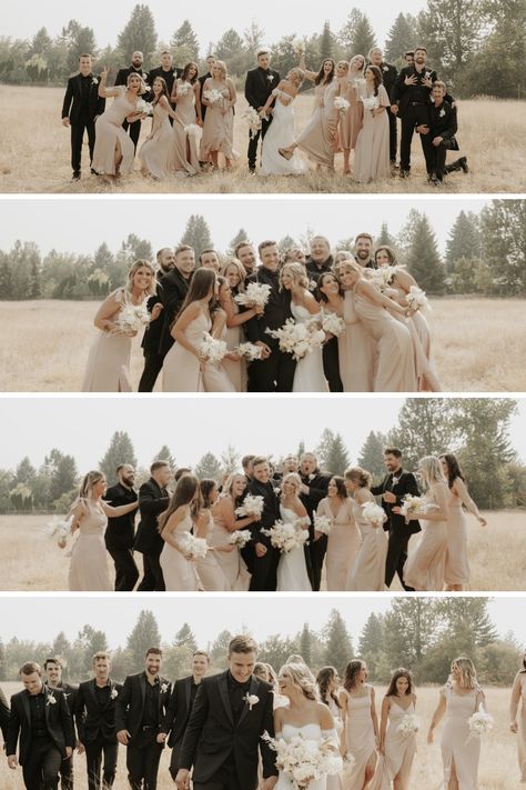 Bridal Party With More Bridesmaids Than Groomsmen, Farm Wedding Bridal Party, Bridal Entourage Photoshoot Ideas, Bridal Party Photos Bridesmaid, Unique Wedding Party Attire, Bridal Party Prompts, Wedding Photoshoot Bridesmaids, Must Have Bridal Party Photos, Bridal Party And Groomsmen Photos