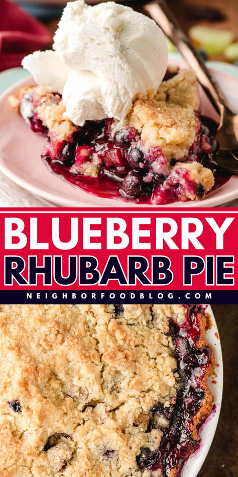 Blueberry Rhubarb Pie is the best way to kick off the summer season! Packed with fresh blueberries, tangy rhubarb, and a hint of lime, this rustic pie is finished with a buttery crumb topping. Serve it warm with ice cream for the perfect end to a summer day. Blueberry Rubarbe Pie, Rhubarb Berry Pie, Blueberry Rhubarb Recipes, Rhubarb Blueberry Recipes, Blueberry Rhubarb Pie, Blueberry Crumb Pie, Peach Crumble Pie, Rustic Pie, Blueberry Rhubarb