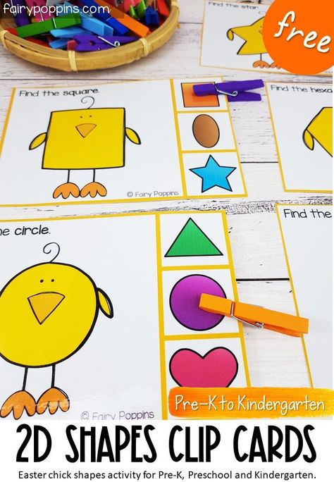 These FREE 2D shapes clip cards help kids identify shapes and develop their fine motor skills too. The cute chick theme makes these an awesome addition to Easter or spring math centers. #prek #kindergarten #preschool #eastermath #springmath #mathcenters #finemotor #shapesactivities #shapescenter #2dshapes Chicken Life Cycle Activities, Spring Preschool Activities, Easter Math, Fine Motor Activities For Kids, Printable Shapes, Spring Math, Learning Printables, Fun Math Activities, Shapes Preschool