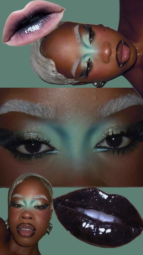 Mermaid Makeup Dark Skin, Experimental Makeup Looks, Siren Costume Makeup, Siren Makeup Halloween, Drowned Makeup, Alien Makeup Pretty, Dark Siren Makeup, Asymmetrical Makeup, Snowy Makeup